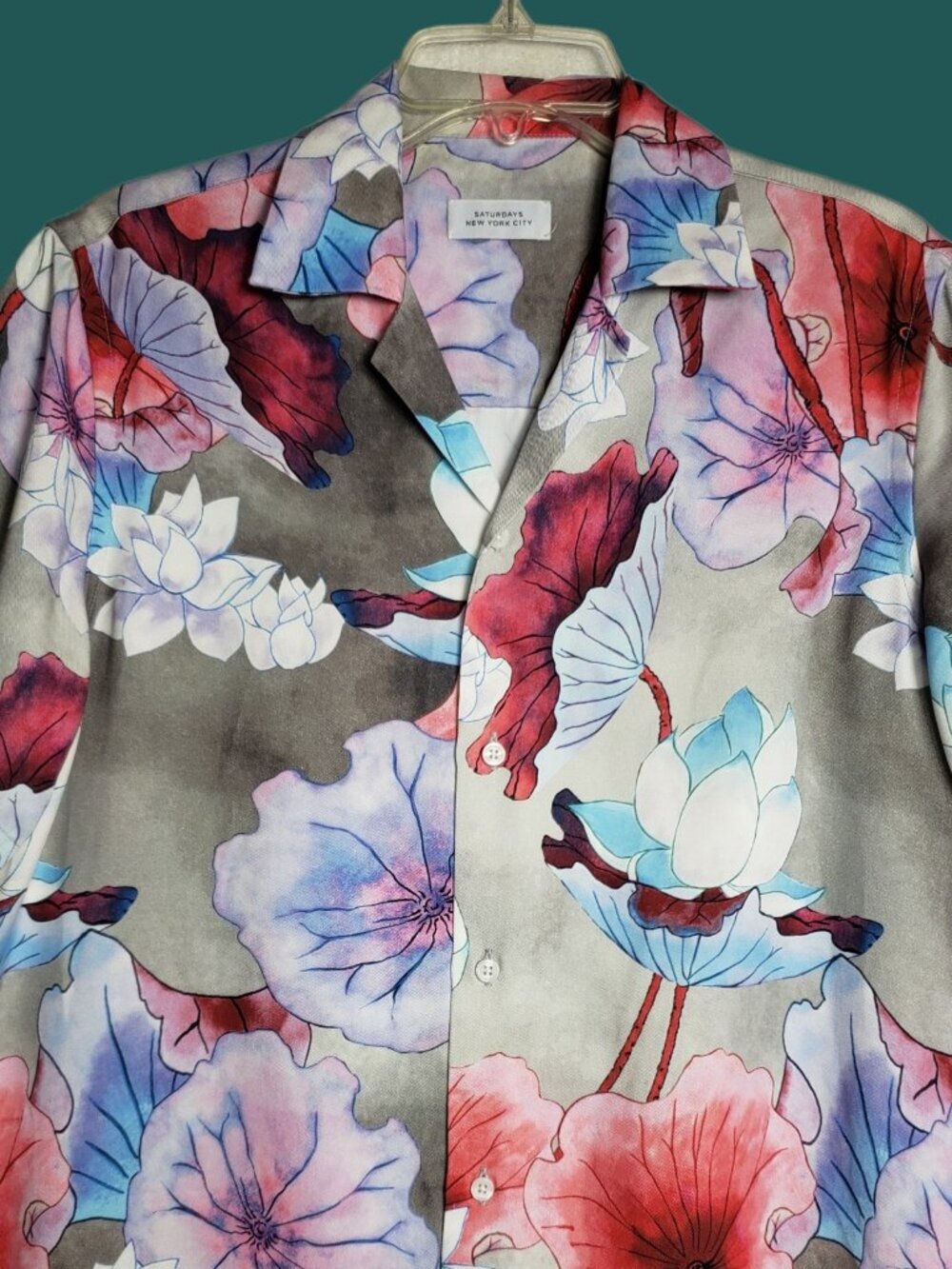 Saturdays NYC The Candy Lotus Button up Men Shirt Gray/Pink Small - Picture 6 of 13